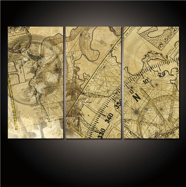 3 Panel Vintage World Map Canvas