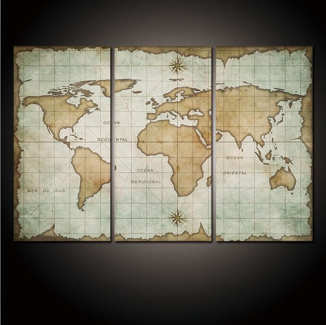 3 Panel Vintage World Map Canvas