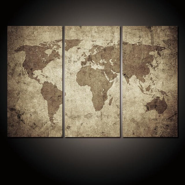 3 Panel Vintage World Map Canvas