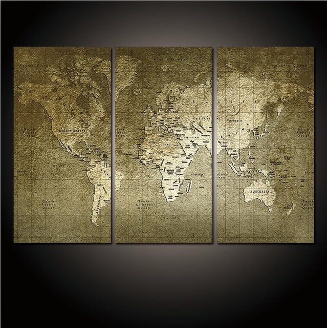 3 Panel Vintage World Map Canvas